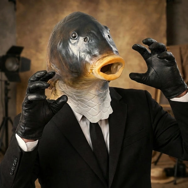 A person wearing a funny fish head latex costume mask and black suit jacket.