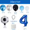 A set of 32 balloons including various colors and sizes like blue, silver, black, and clear, along with a large blue number f