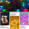 Close-up of multi-colored LED fairy string lights with bright illumination and flexible wires.