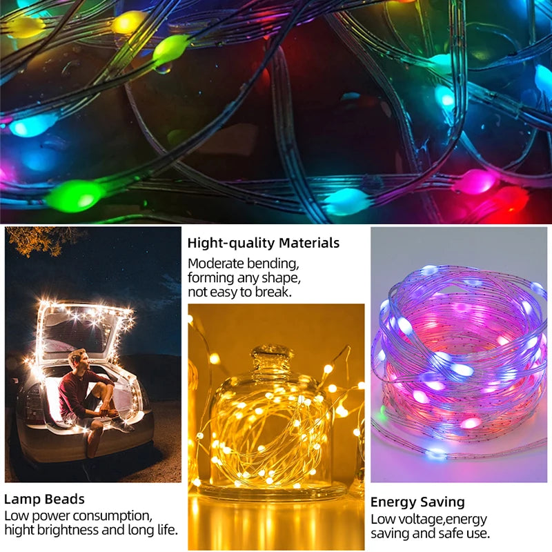 Close-up of multi-colored LED fairy string lights with bright illumination and flexible wires.