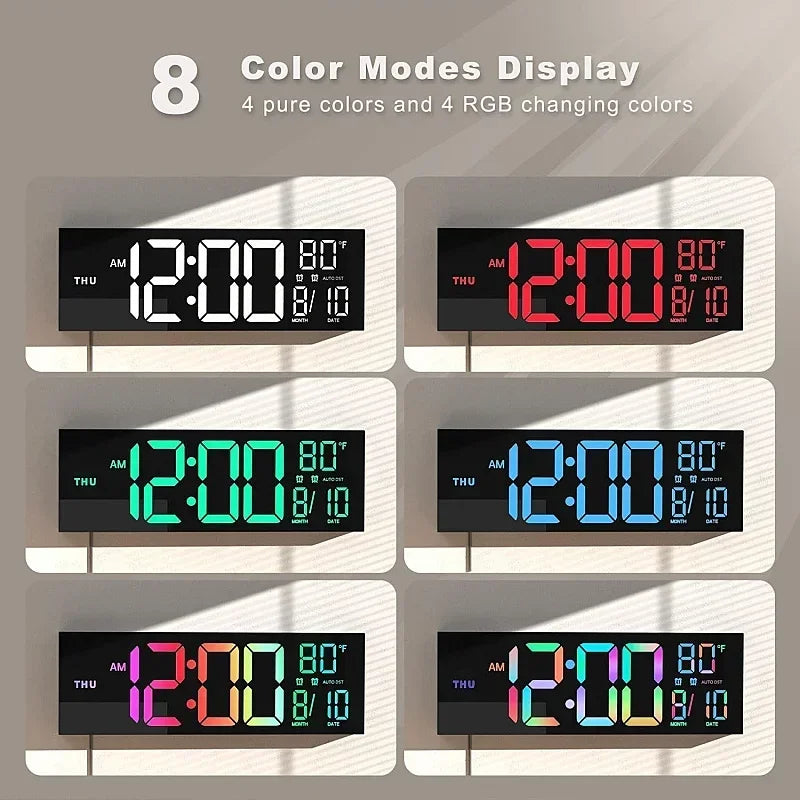 Eight color modes display of a digital wall clock showing 12:00 AM on a Thursday.