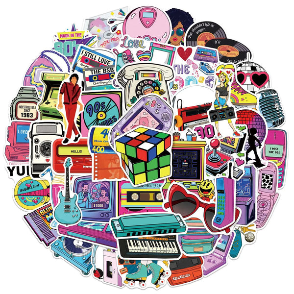 A collection of retro graffiti decal stickers featuring various colorful and stylized designs.