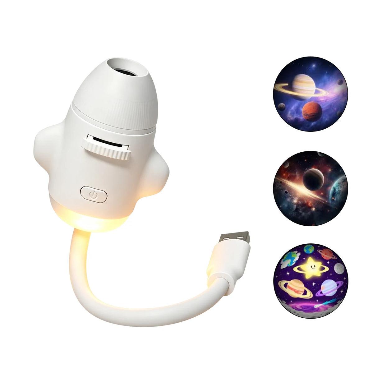 A white 2-in-1 Galaxy Projector and night light with an adjustable focus, shown with a glowing light source and several celes