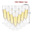 A set of 50 elegant disposable plastic champagne flutes, measuring 150-160ml or 5oz, displayed in a row.