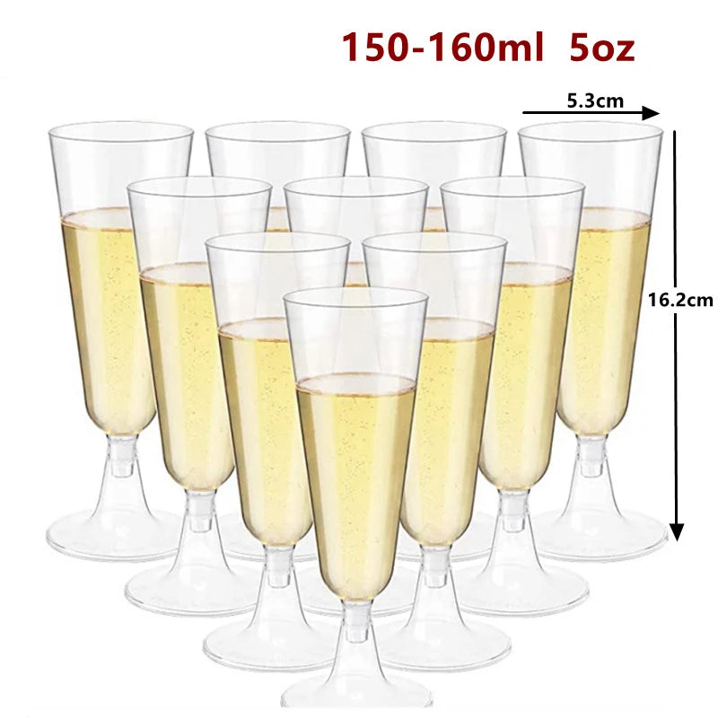 A set of 50 elegant disposable plastic champagne flutes, measuring 150-160ml or 5oz, displayed in a row.