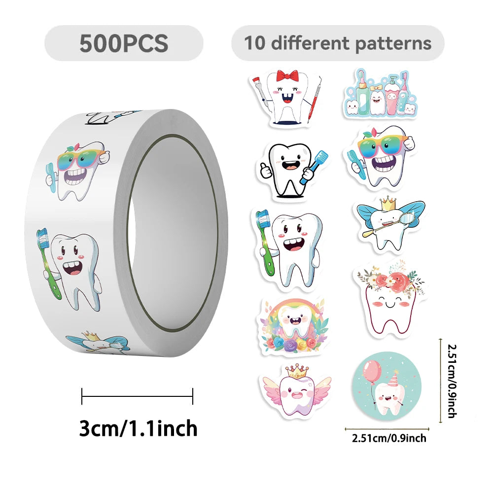 Roll of cartoon tooth fairy stickers featuring various tooth designs and patterns for kids and teens