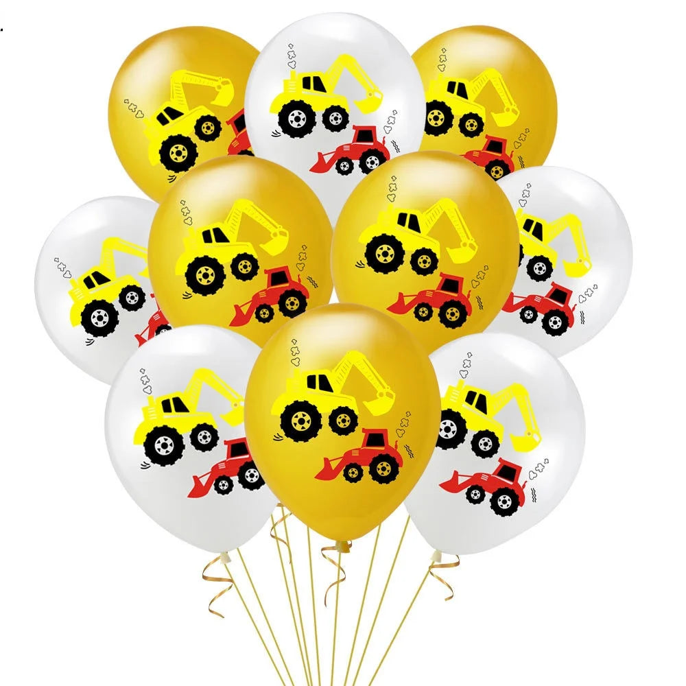 A bunch of yellow and white latex balloons shaped like construction tractors and excavators.