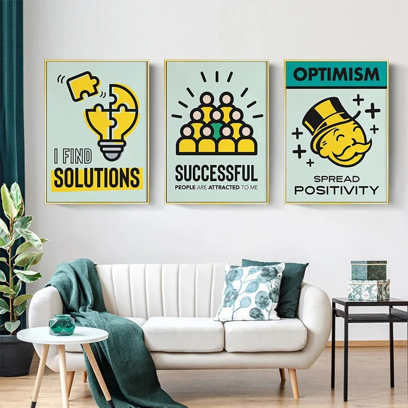 Un set de tres impresiones artísticas motivacionales con bombillas, personas y una cara sonriente sobre fondo blanco.