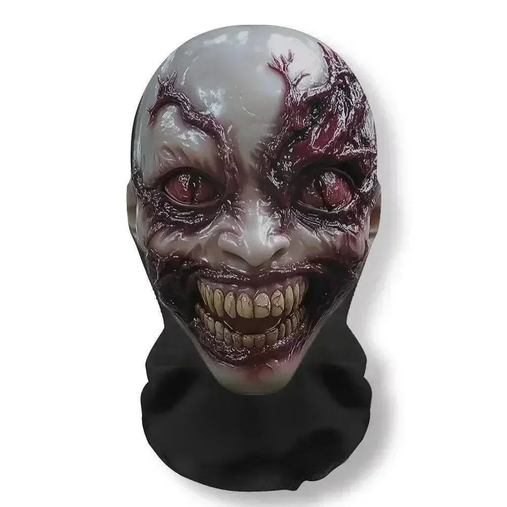 A realistic, gruesome mask resembling a decaying face with exposed bone and blood effects for cosplay.