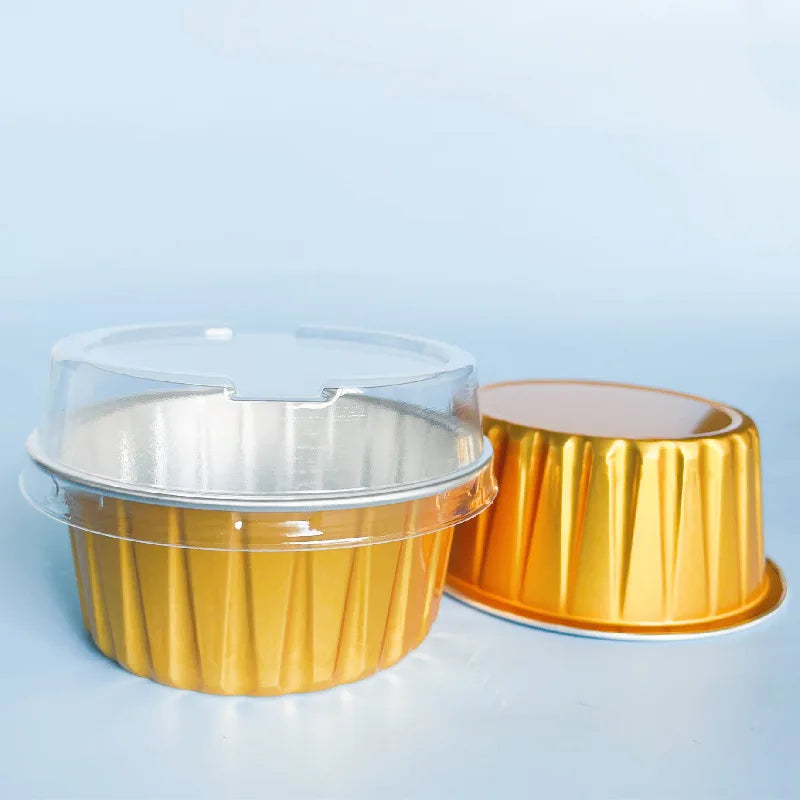 Reusable aluminum foil dessert ramekins with lids in gold color