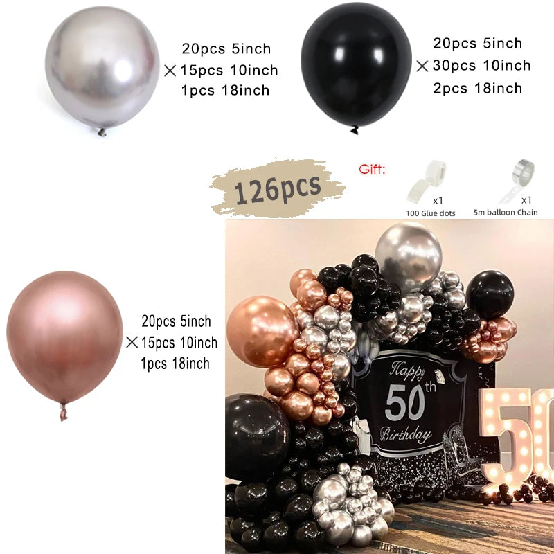A gift set of 126 balloons including silver, black, and rose gold balloons in various sizes for a birthday decoration.