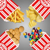 Three open red and white striped paper bags filled with popcorn and colorful candies.