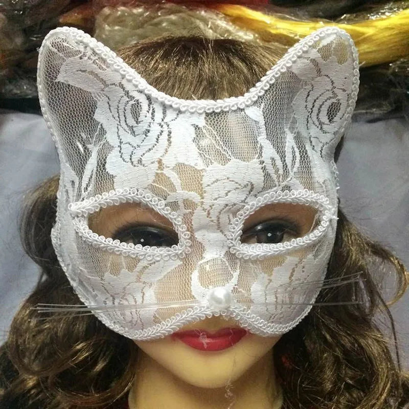 A close-up of an elegant white lace half-face mask worn by a model for cosplay or masquerade.