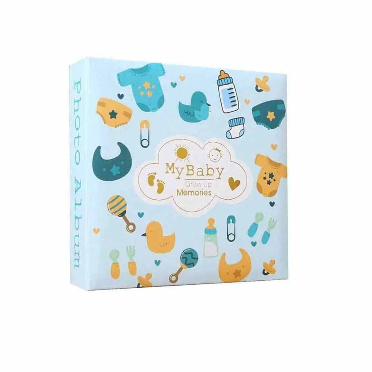 A light blue photo album titled MyBaby Grow Up Memories featuring various small illustrations and stamps.