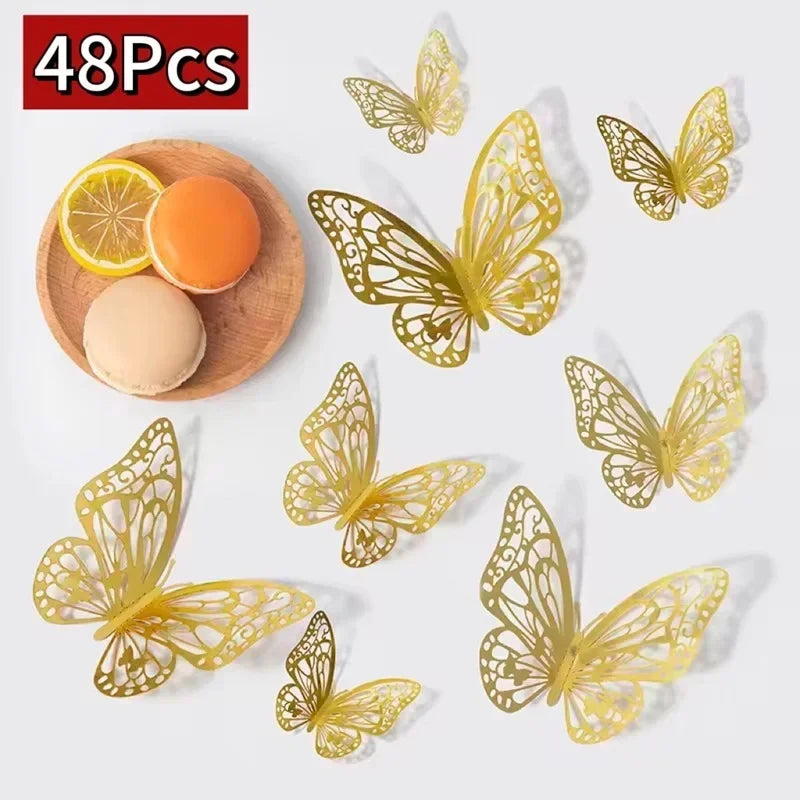 48 pieces of decorative gold-colored 3D butterfly wall stickers displayed on a white background.