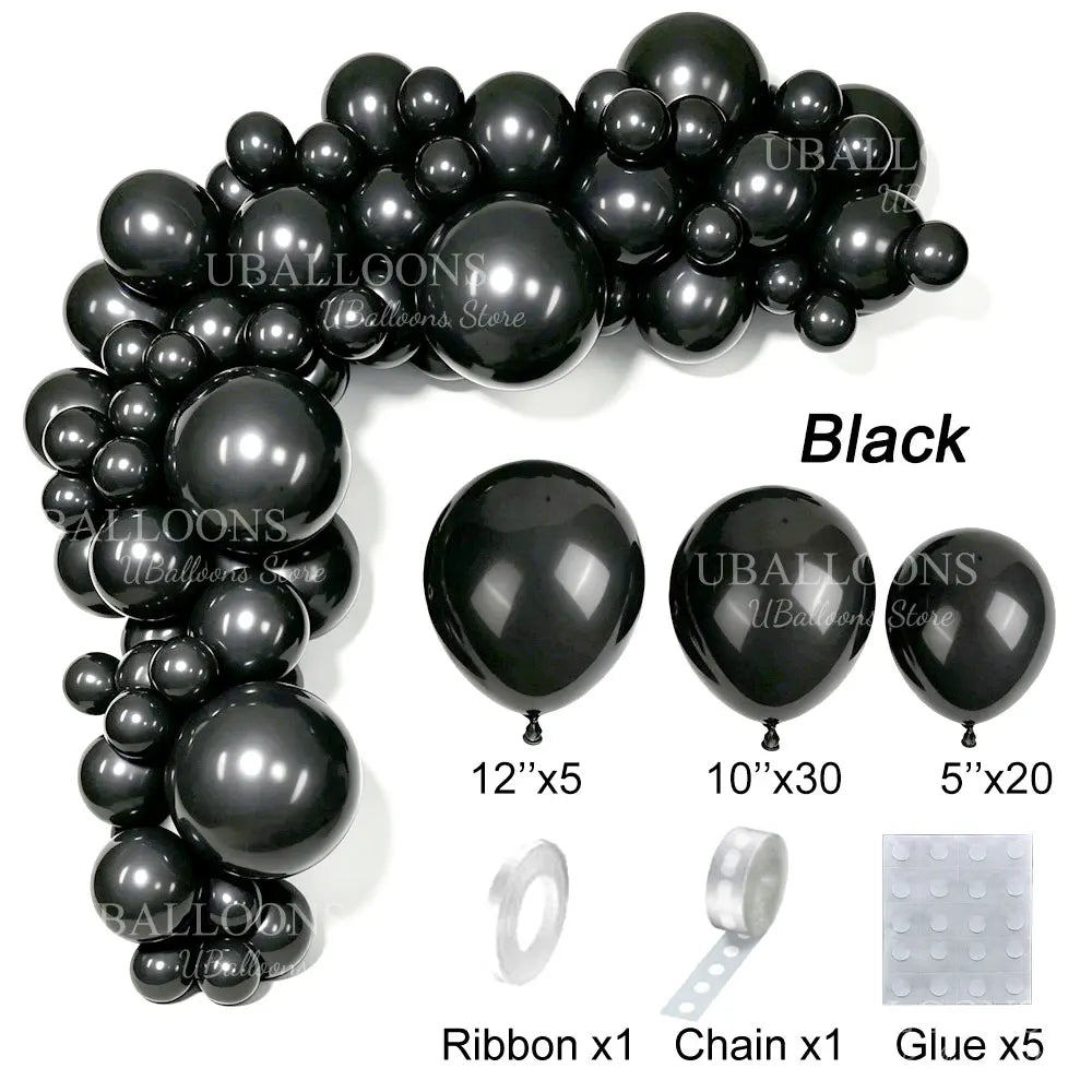 Black latex balloon garland kit including balloons, ribbon, chain, and glue
