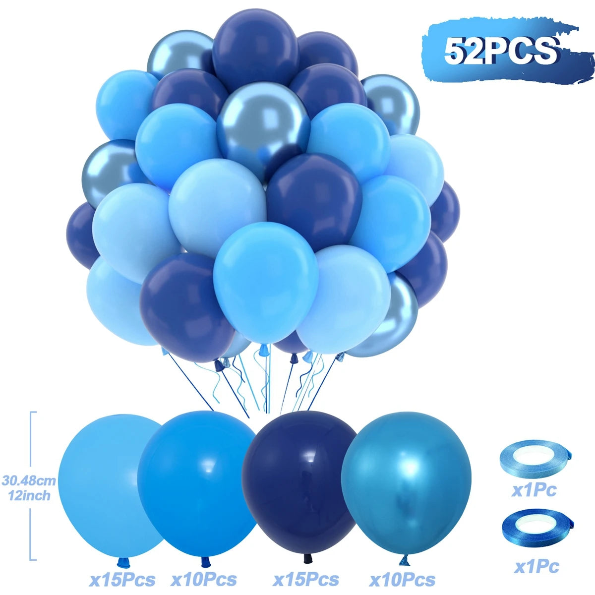 A bunch of 52 balloons in shades of blue and purple with confetti accents, including individual balloons.