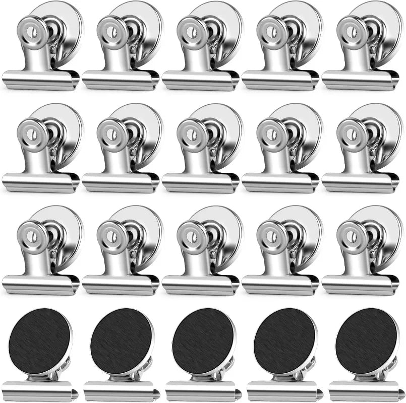 A set of heavy duty fridge magnetic clips in silver finish.