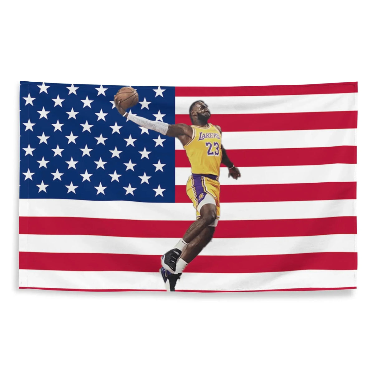A wall tapestry featuring a basketball player in a Lakers jersey jumping against the background of the American flag.