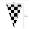 A black and white checkered flag shaped birthday racing car party decoration set.