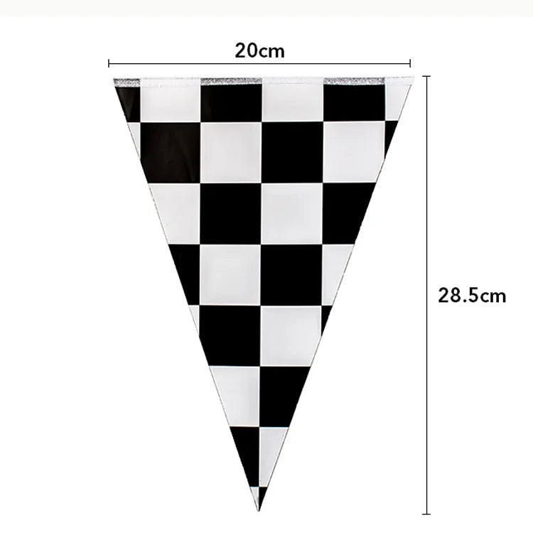 A black and white checkered flag shaped birthday racing car party decoration set.