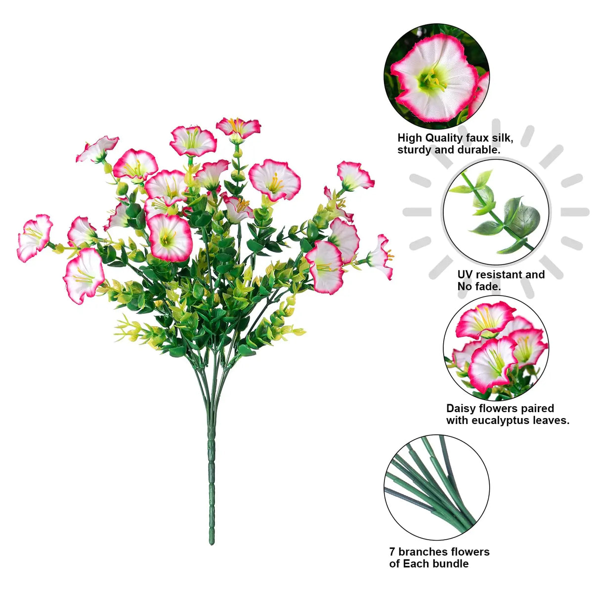A bunch of pink and white faux flowers with eucalyptus leaves, showing quality and durability features.