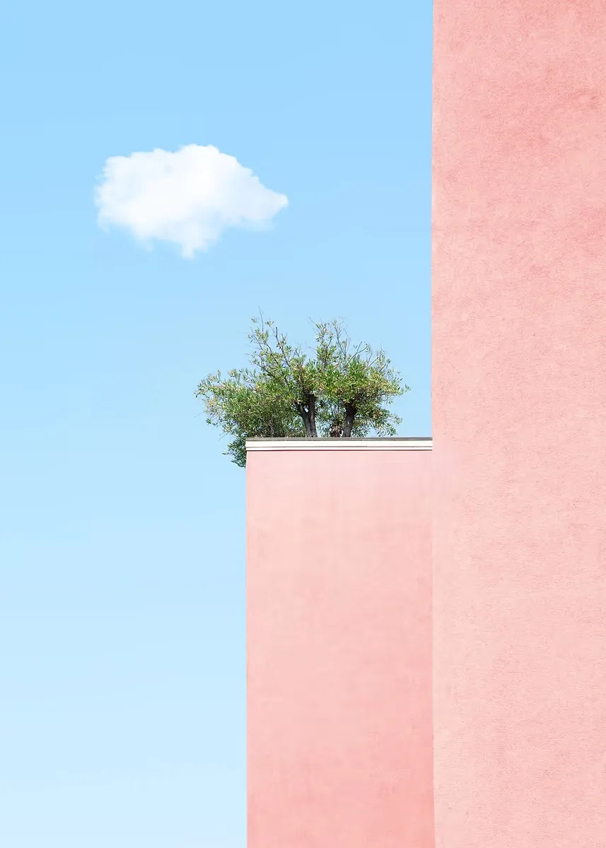 A pink minimalist building facade with a small tree on top against a clear blue sky.