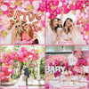 A collage of balloon decorations including a pink and gold garland arch, bridal shower decor, and wedding arrangements.