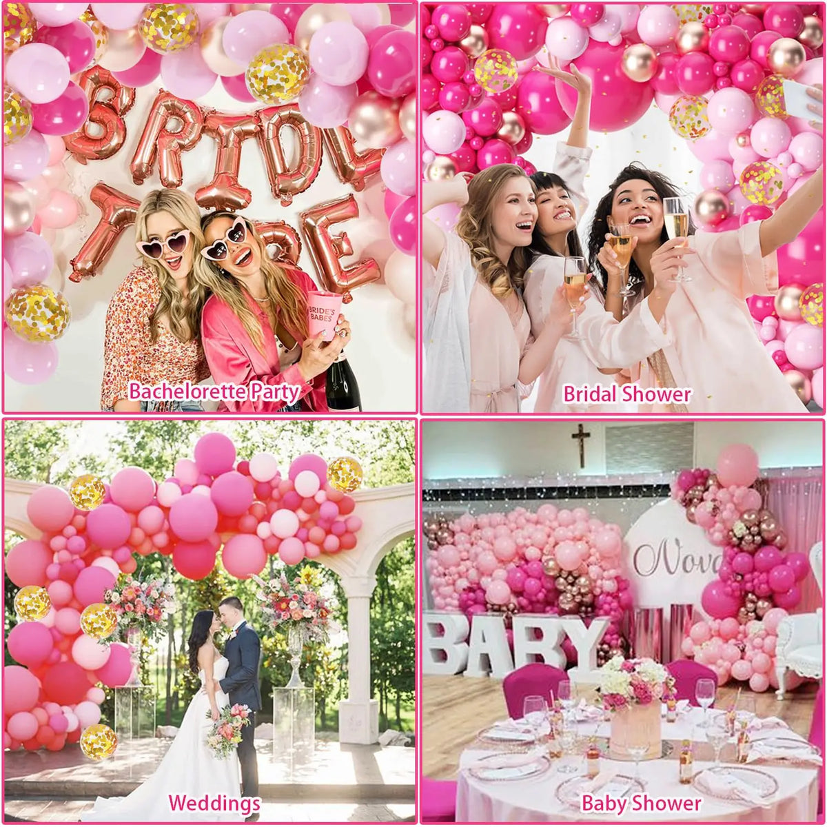 A collage of balloon decorations including a pink and gold garland arch, bridal shower decor, and wedding arrangements.