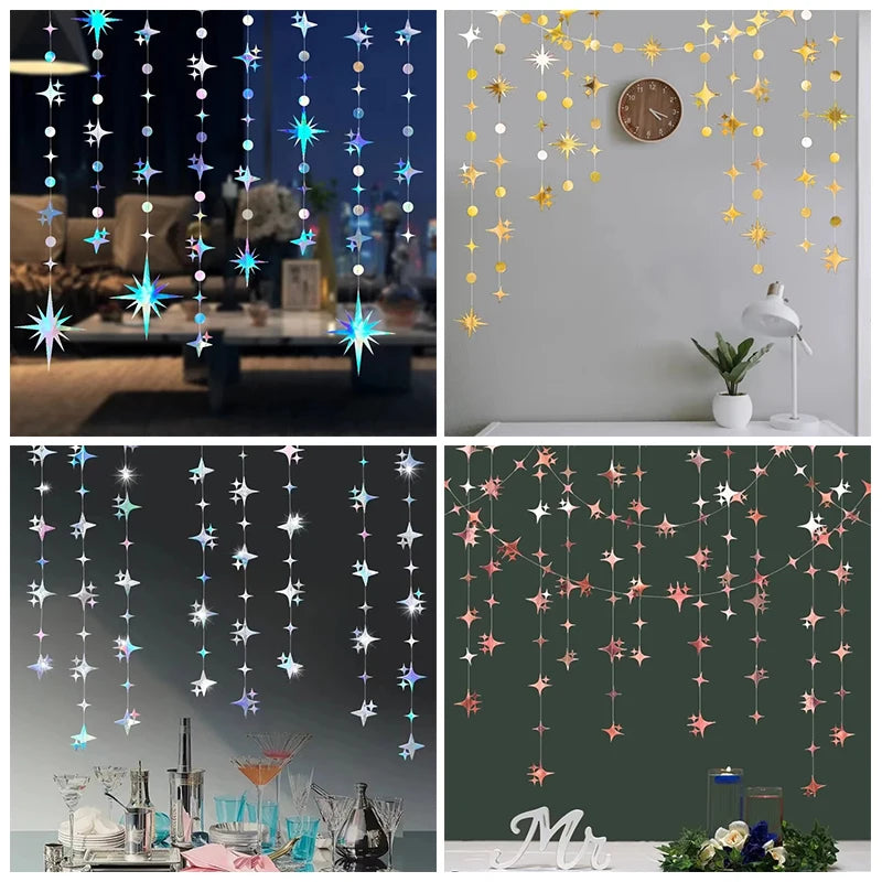 A display of glittering star and polka dot garlands, including hanging decorations and a decorative clock.