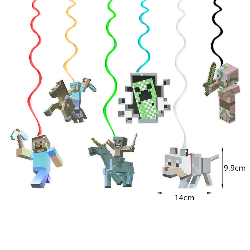 A kit of cartoon birthday party decorations featuring various characters and items like a dinosaur, a monster, and a cow.