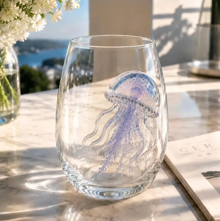 A clear wine glass filled with water features a handcrafted blue-ringed octopus decoration.
