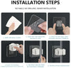 Installation steps showing how to mount a wall-mounted mop and broom holder using adhesive tape and a pole.