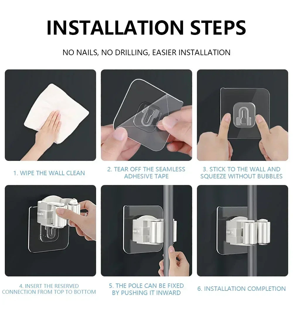 Installation steps showing how to mount a wall-mounted mop and broom holder using adhesive tape and a pole.