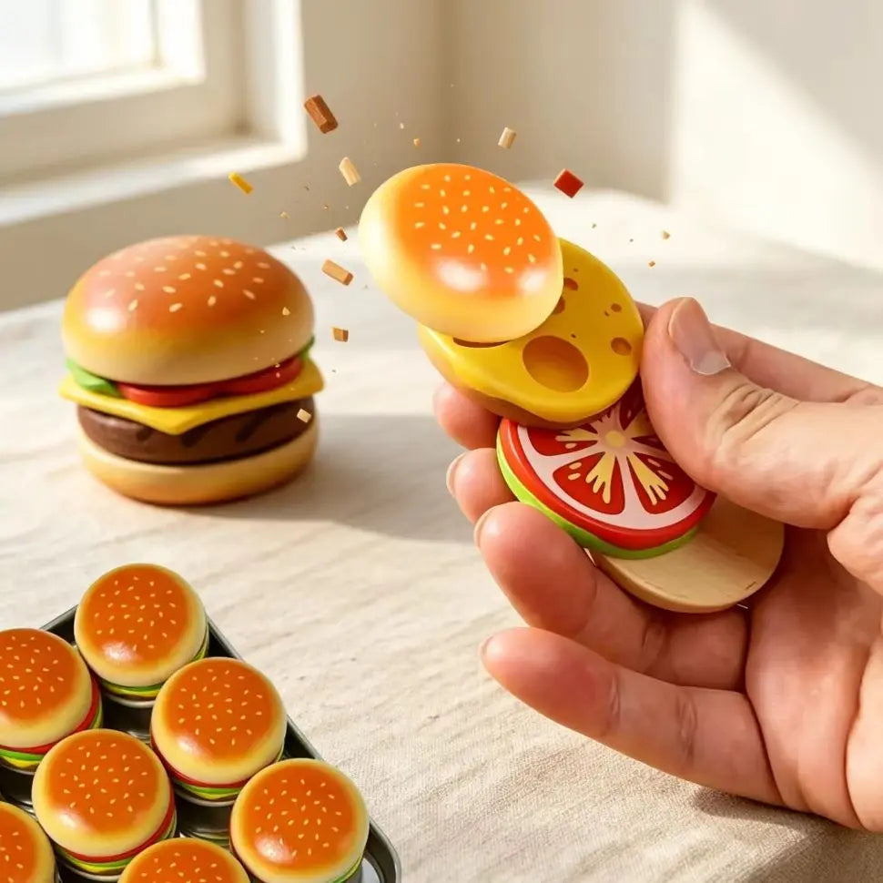 A hand is holding a magnetic hamburger fidget slider toy with colorful buns and toppings, showing it in motion.