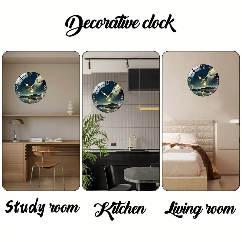 Decorative clock featuring an earth landscape design displayed in study room, kitchen, and living room settings.