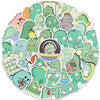 A collection of cute green dinosaur characters in various poses and colors, packaged as a PVC sticker pack.