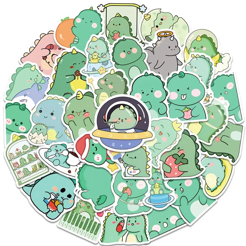 A collection of cute green dinosaur characters in various poses and colors, packaged as a PVC sticker pack.
