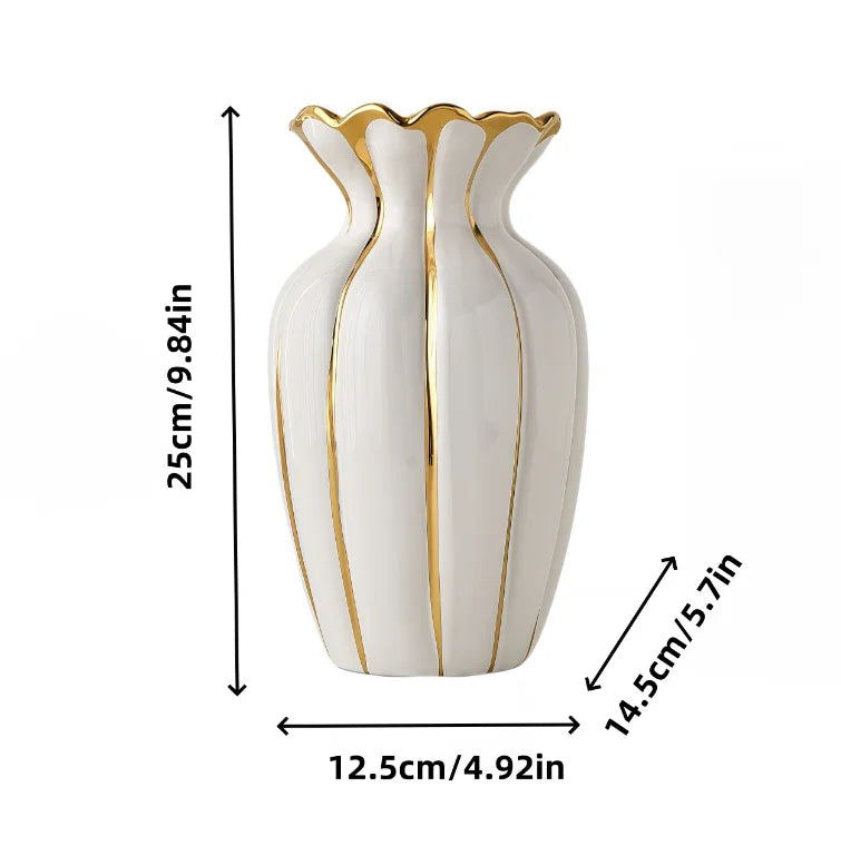 Gold-plated ceramic flower vase with a white body and gold accents
