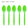 A set of ten bright lime green plastic spoons for a birthday party.