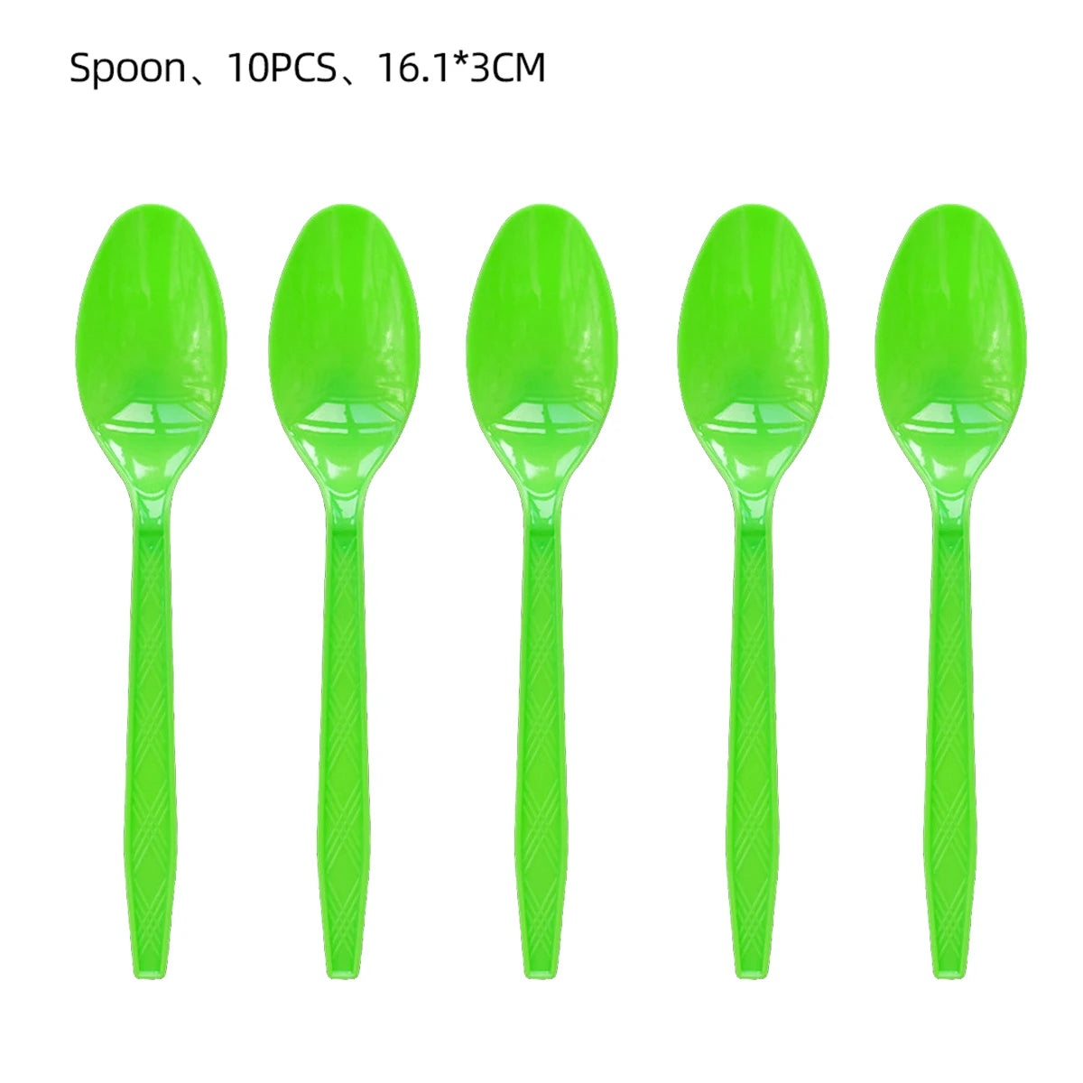 A set of ten bright lime green plastic spoons for a birthday party.