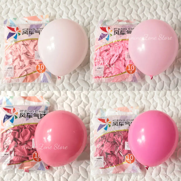 A set of ten pastel pink latex balloons packaged for party decorations.
