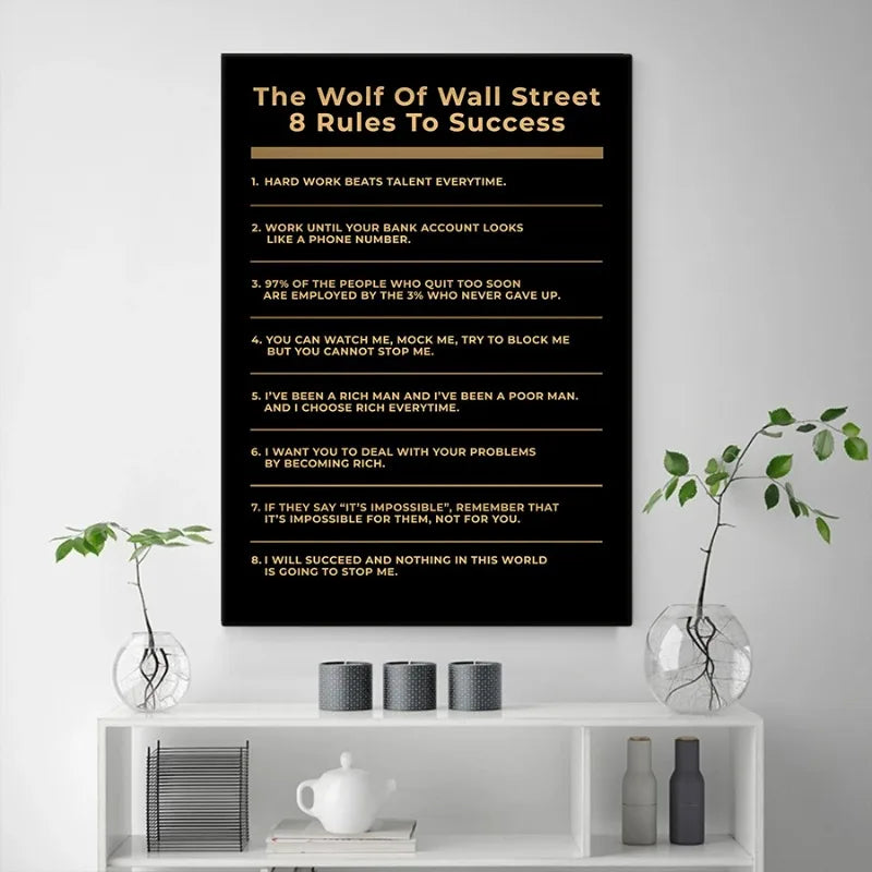 A black canvas print titled The Wolf Of Wall Street 8 Rules To Success displayed on a white shelf.