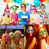 A collage of children and adults wearing various colored LED light-up glow glasses for parties and events.