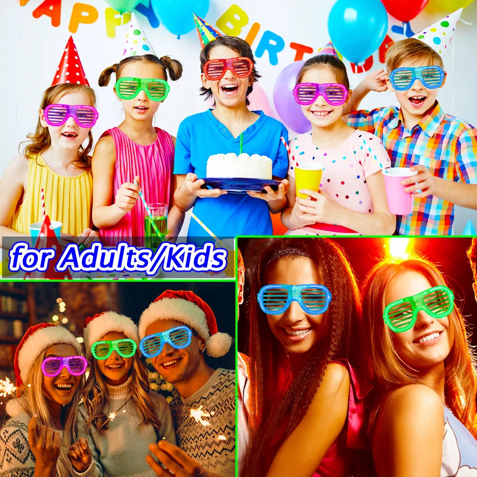 A collage of children and adults wearing various colored LED light-up glow glasses for parties and events.