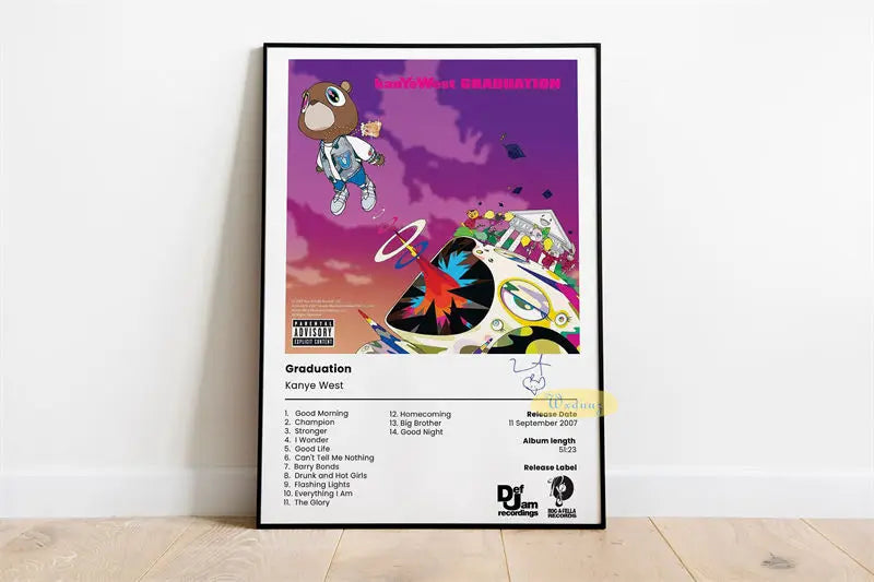 Arte de álbum en lienzo para pared, inspirado en el álbum Graduation de Kanye West con un personaje de oso pardo y gráficos c