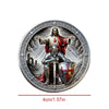 A challenge coin featuring a depiction of Jesus Christ and a knight in armor with a shield.