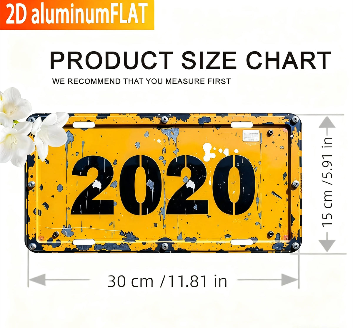A yellow metal sign with the year 2020 painted on it, showing its dimensions.