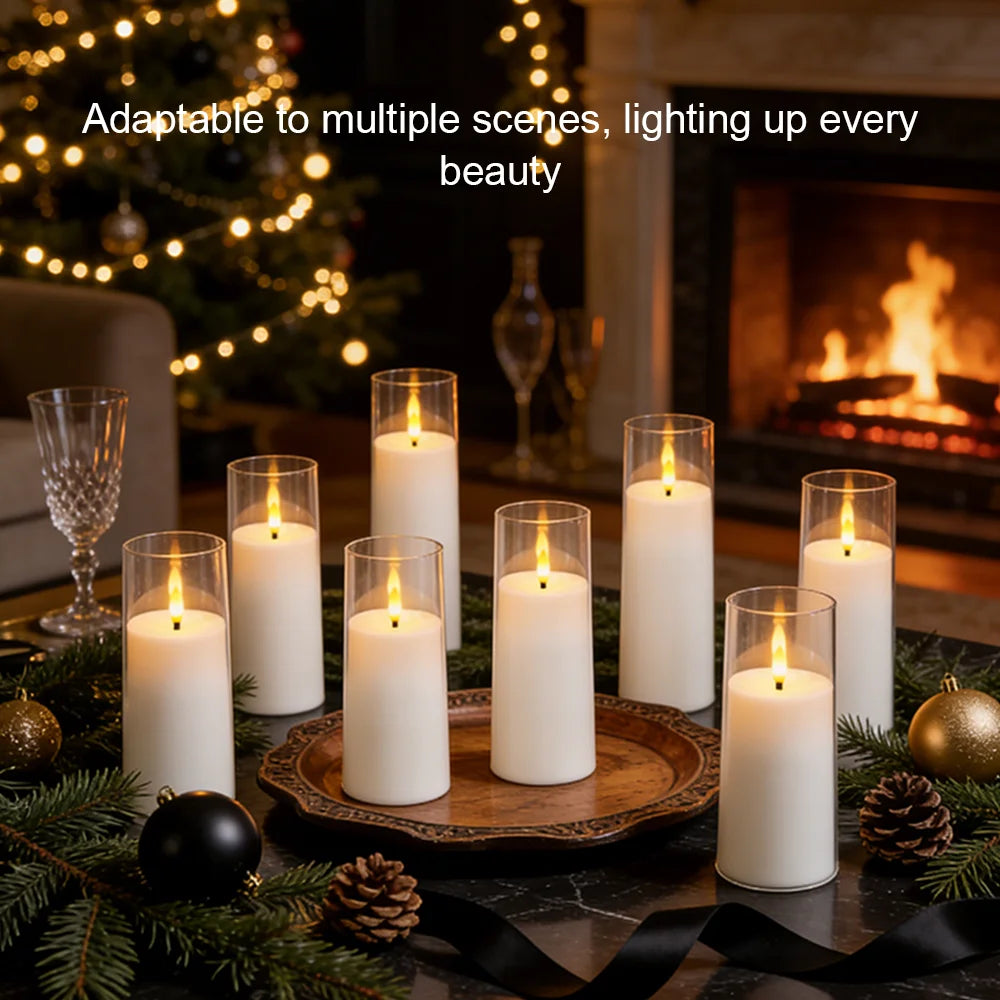 A set of five white pillar candles arranged on a dark surface with greenery and pine cones, set in a warm indoor scene.