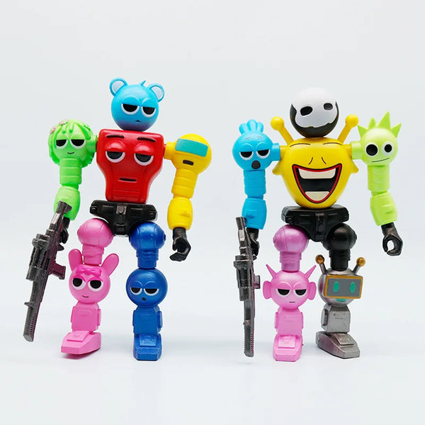 A collection of colorful robot joint mobile assembly worker game dolls in various colors and poses.